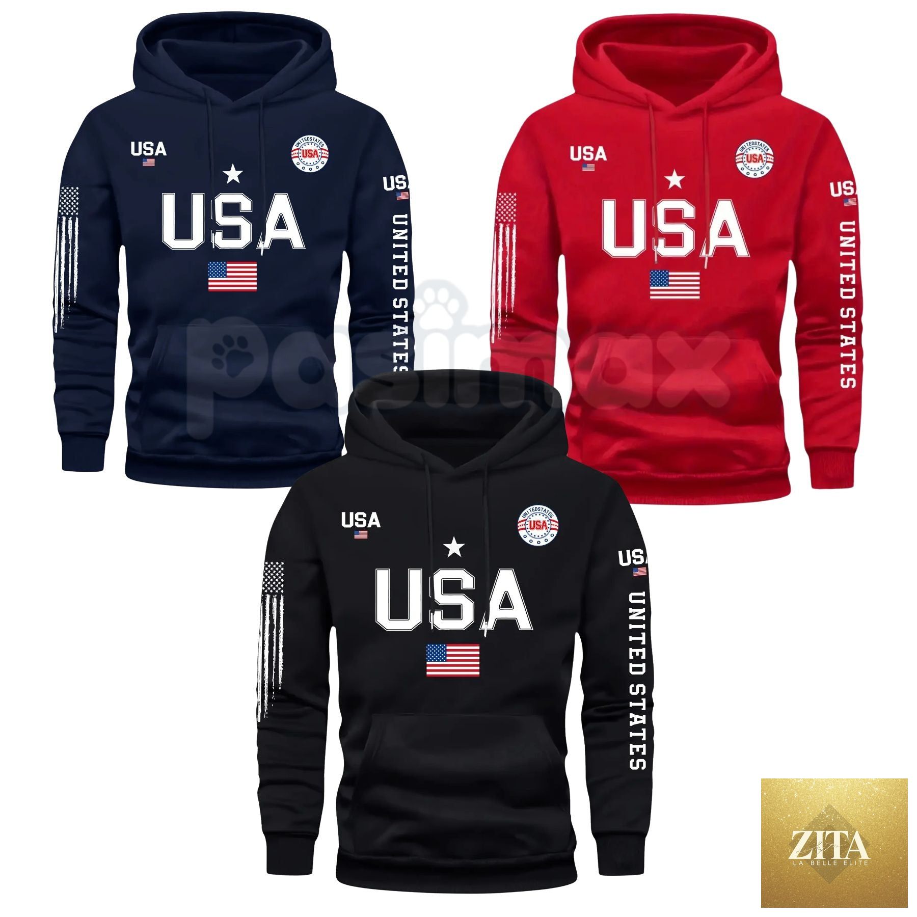 Men's Patriot USA flag print hoodie by Pasimax featuring vintage stars and stripes graphic on American heritage fleece sweatshirt.