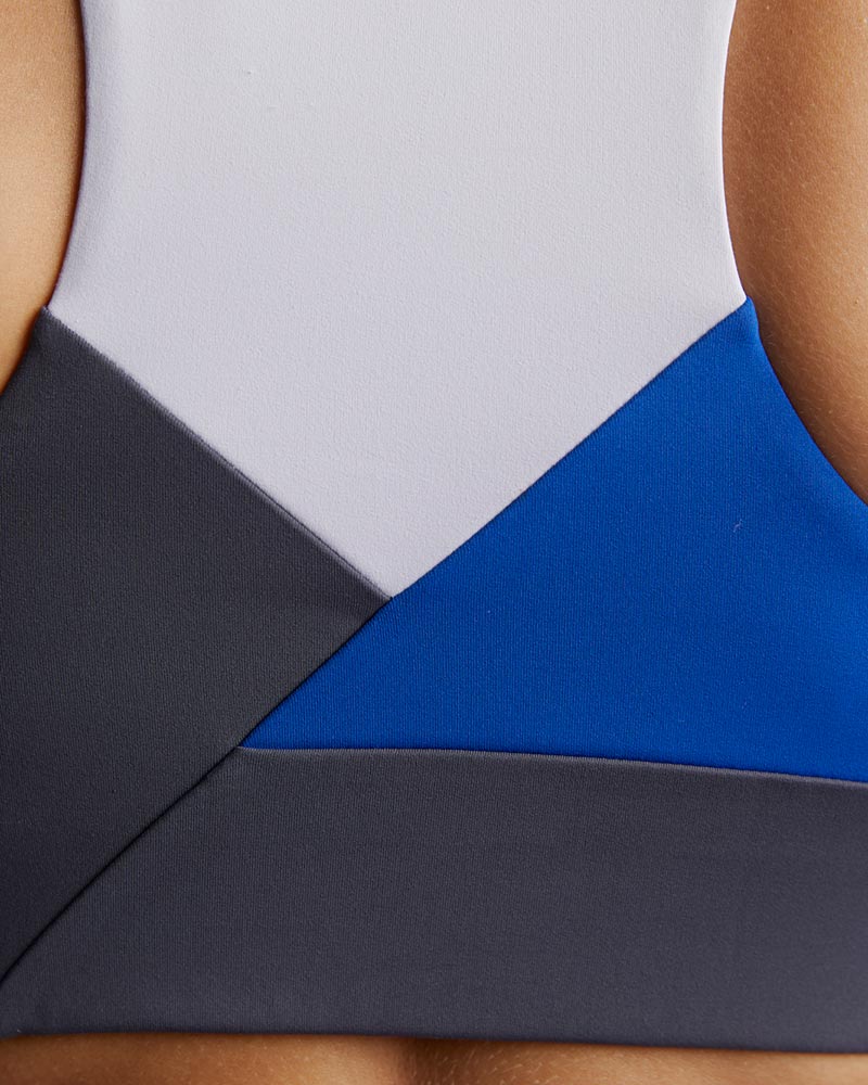 Azure and carbon-colored Pionxr training bra top by Goal Five with a stylish back design.