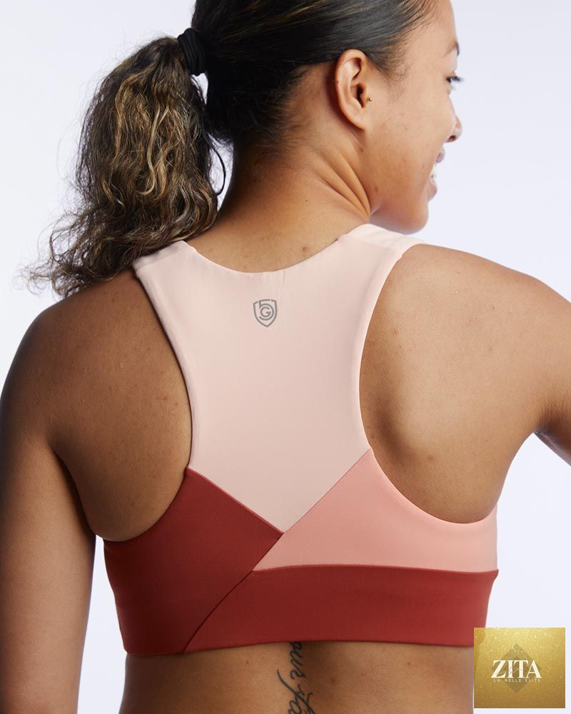 Goal Five Pionxr training bra top in faded rose, with a supportive fit and stylish back design, perfect for workouts.
