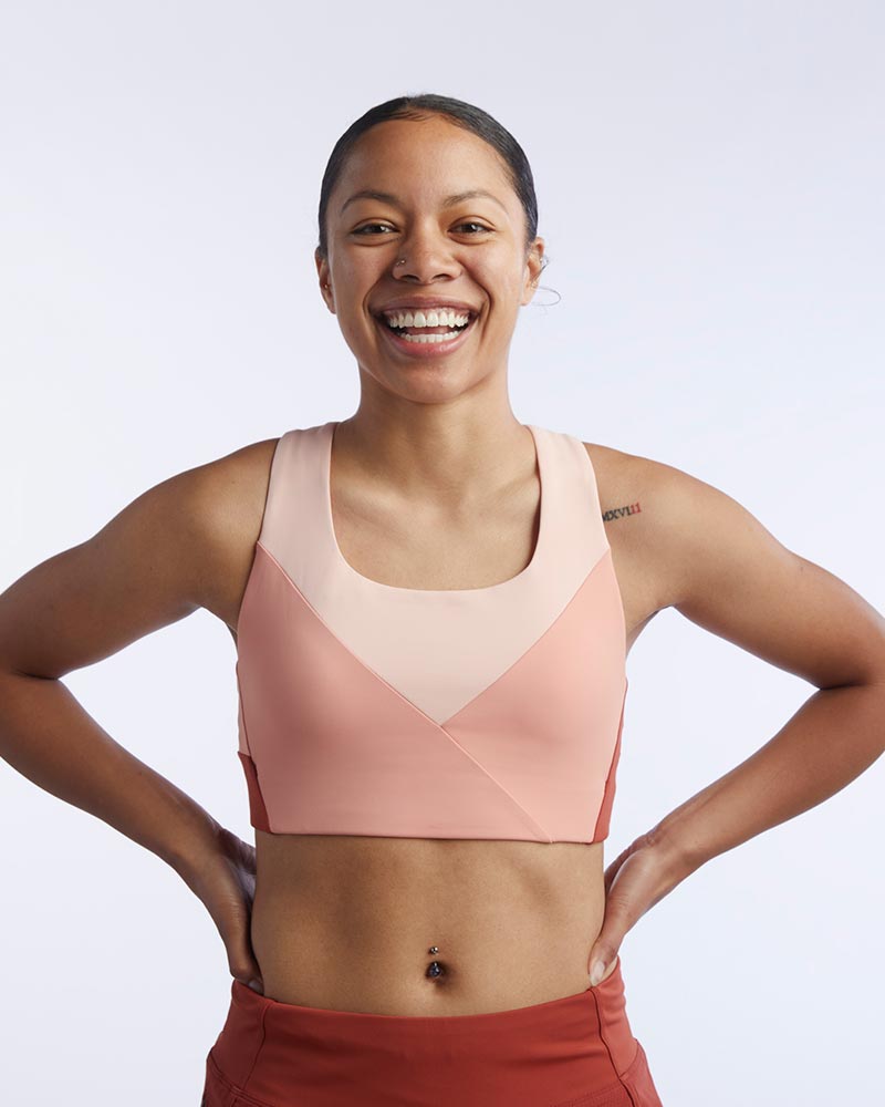 Goal Five Pionxr training bra top in faded rose and cinnabar colors, with supportive fit and breathable fabric for active wear.