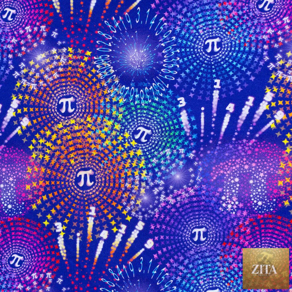 Adult Pi-rotechnics Pi Fireworks Super Twirler dress with pockets by Princess Awesome & Boy Wonder, featuring a colorful fireworks pattern.