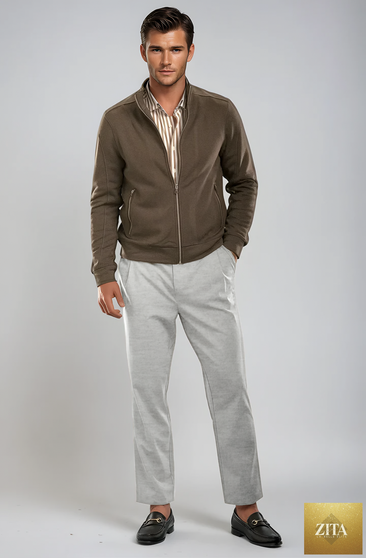Buki heather grey pleated wool trouser pants with front pleats and tailored fit, shown from the front.