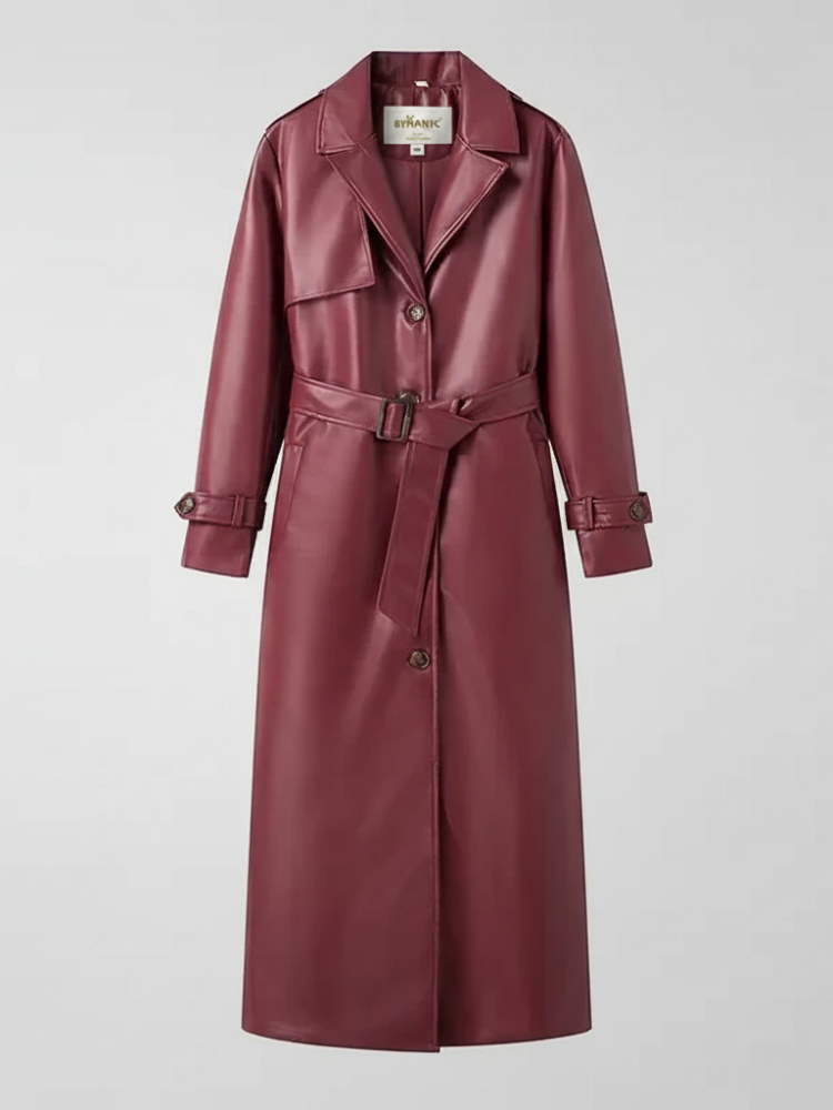 Plus-size long leather-style windbreaker for women in red, by BYMANYC New York, featuring a sleek, stylish design.