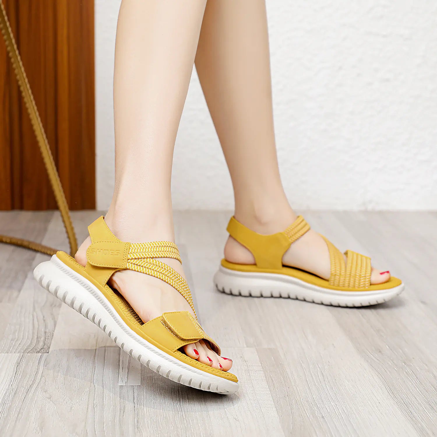 Lightweight sporty wedge heel women's sandals in neutral color with open toe design and ankle strap from Trendy Attic Store01.