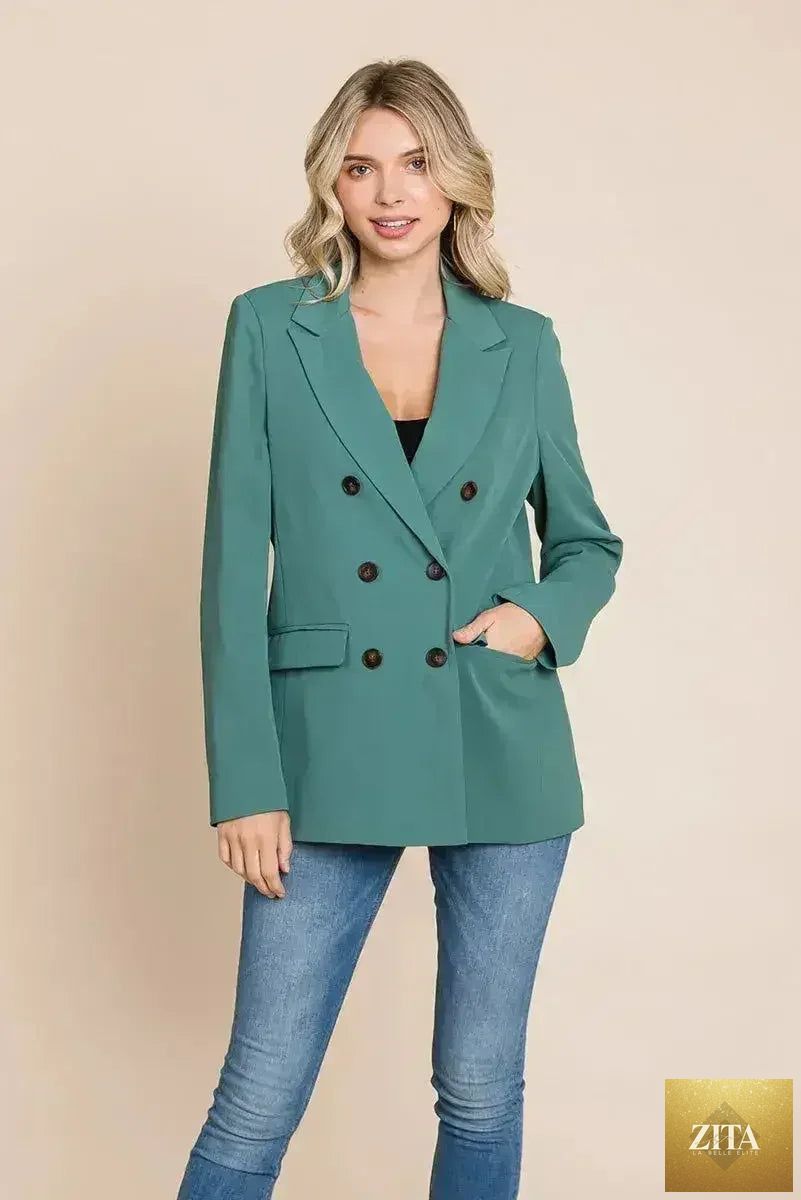 Green women's double-breasted blazer with lapel collar, stylish Femstylo jacket for a polished look.