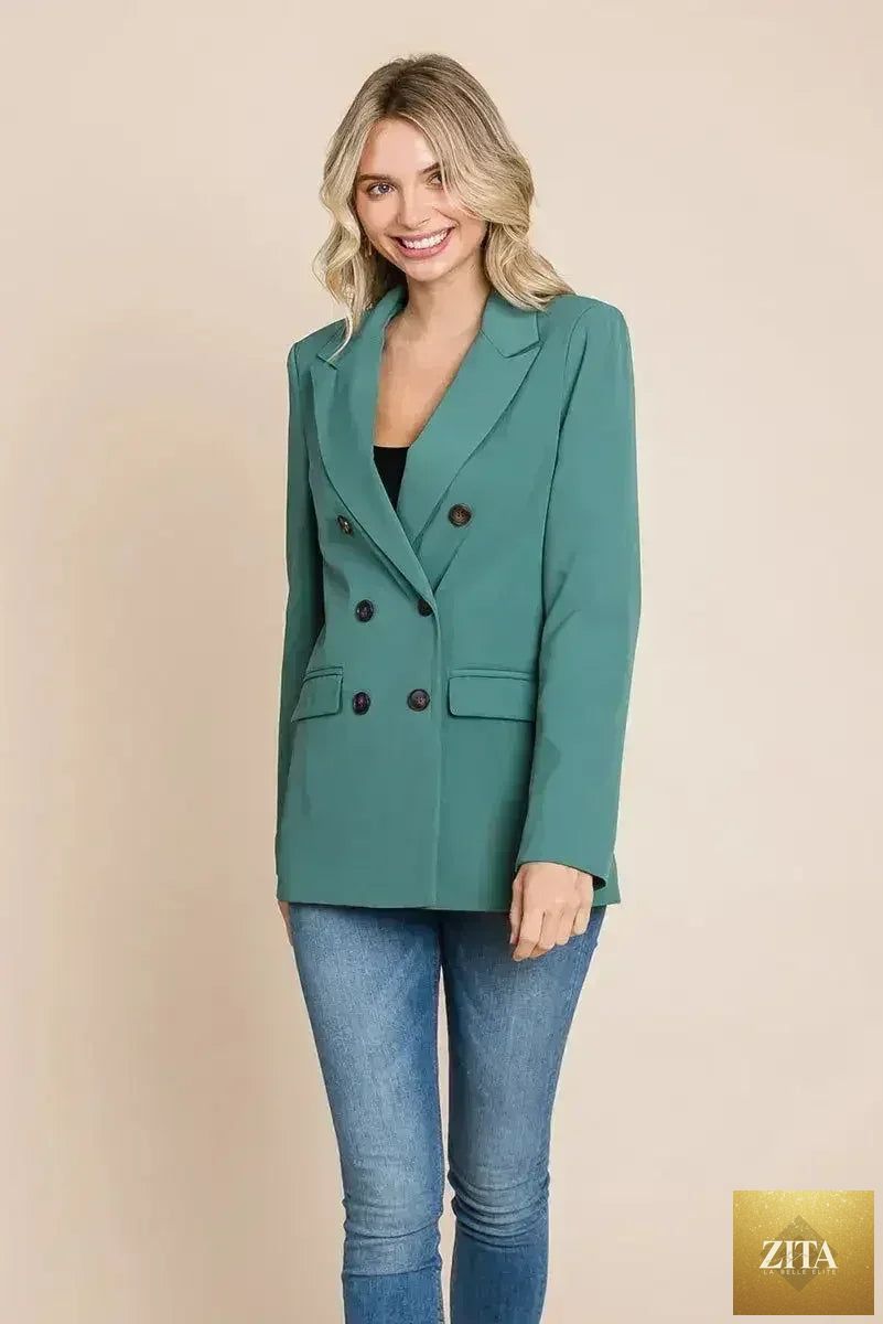 Green women's double-breasted blazer with lapel collar, from Femstylo, featuring tailored fit and stylish design.