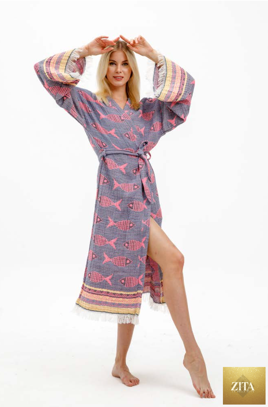 Blue and pink fish-themed kimono by Buldano, featuring intricate patterns and lightweight fabric for a stylish traditional look.