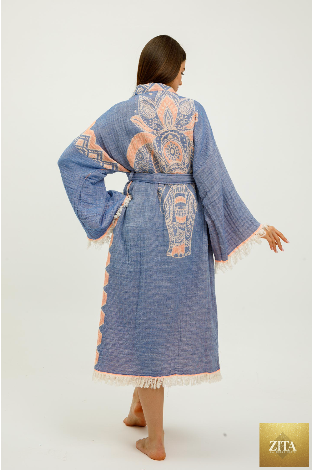Blue jungle-themed kimono from buldano featuring elephant print, lightweight fabric, and relaxed fit.