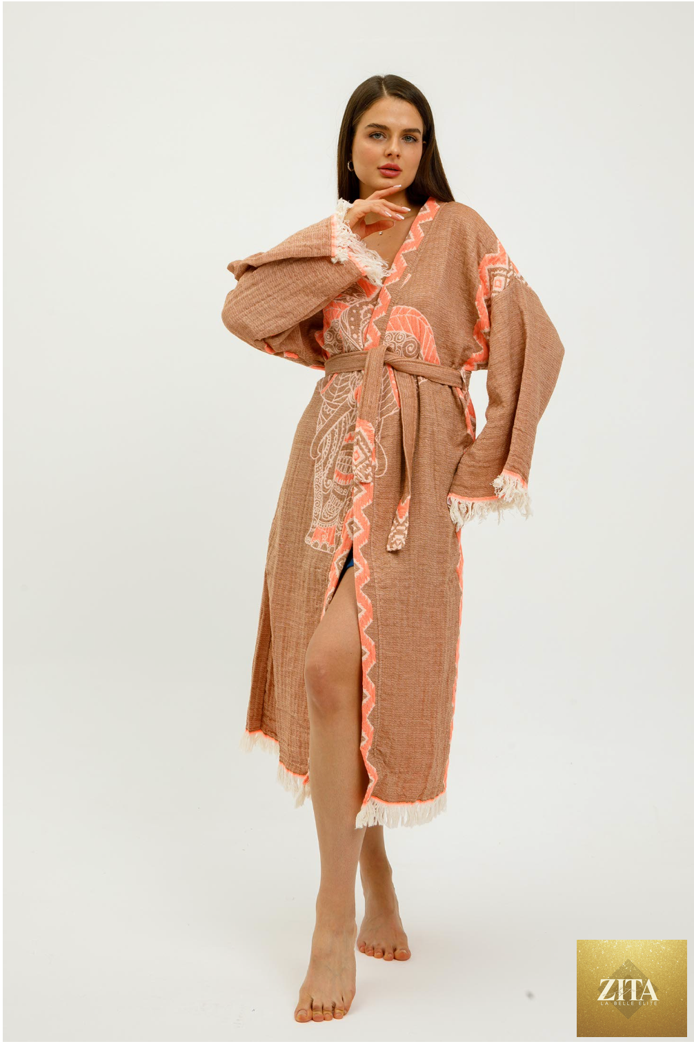 Zita La Belle Elite Jungle Kimono featuring elephant print, lightweight fabric, and traditional kimono style in earthy tones.