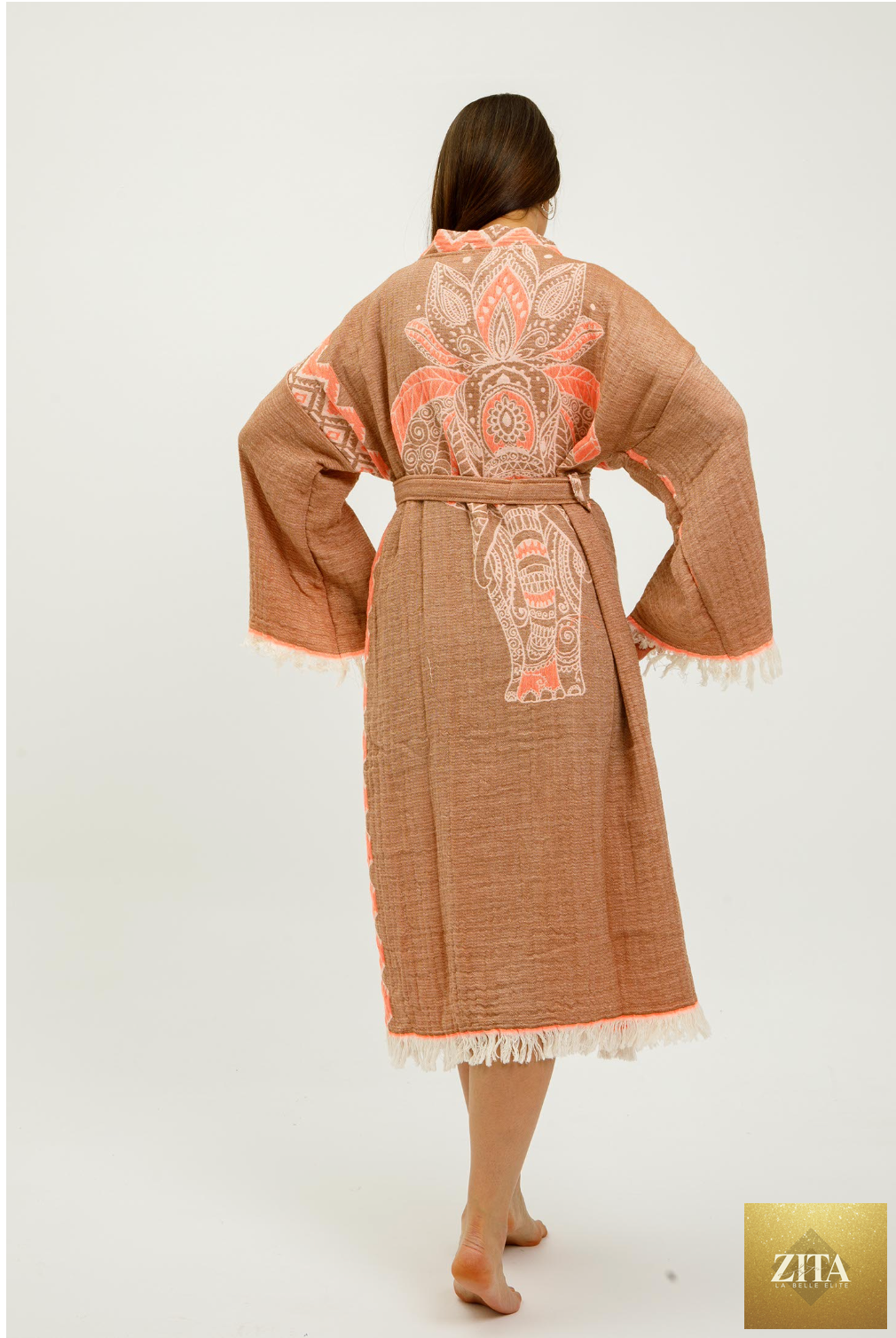 Zita La Belle Elite Jungle Kimono featuring an elephant print, lightweight fabric, and intricate jungle-themed design.