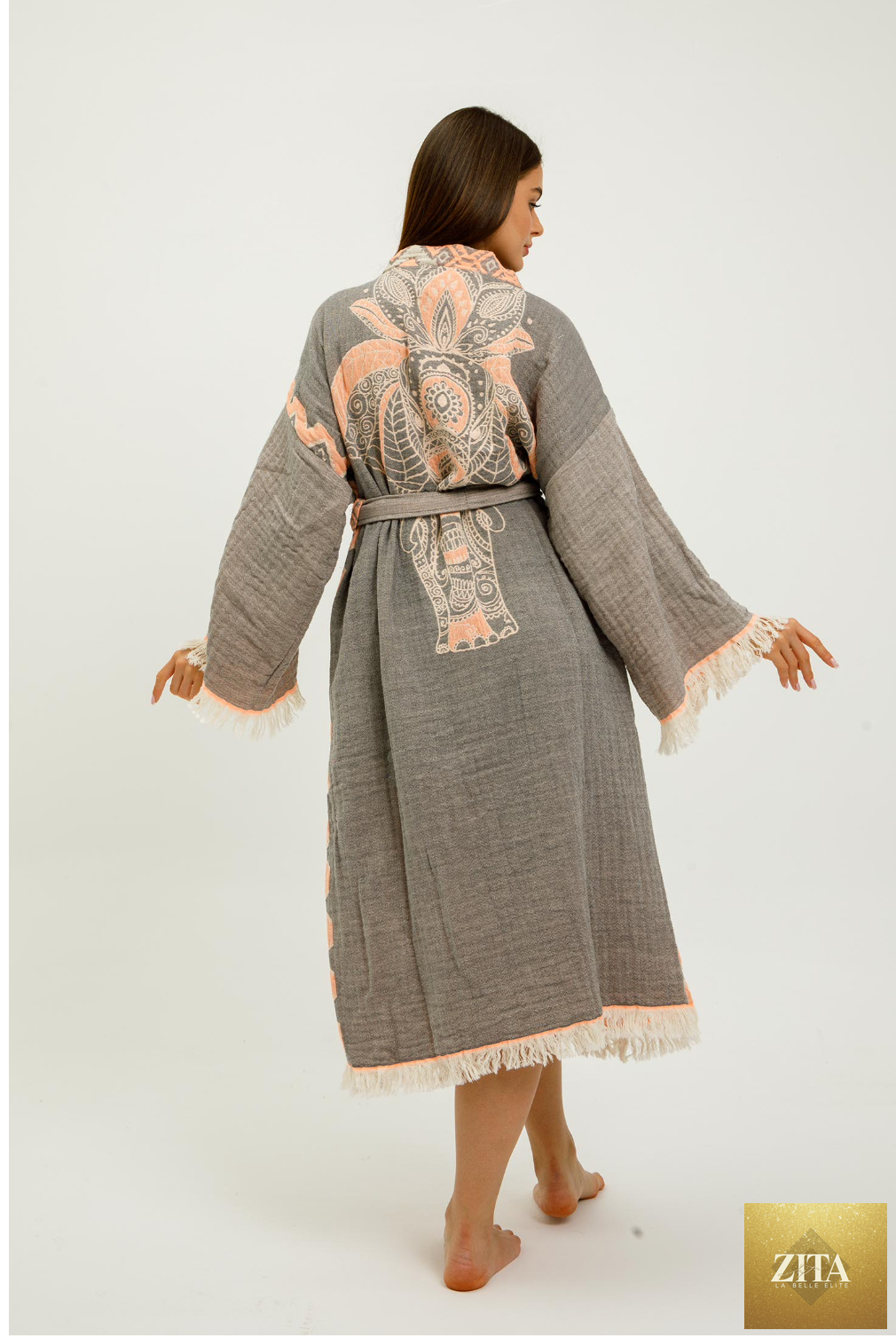 Zita La Belle Elite Jungle Kimono featuring an elephant print in grey and coral, lightweight fabric with a relaxed fit.
