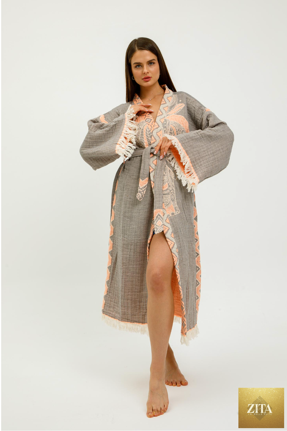 Zita La Belle Elite Jungle Kimono featuring elephant print in grey and coral, lightweight fabric with intricate jungle-themed design.