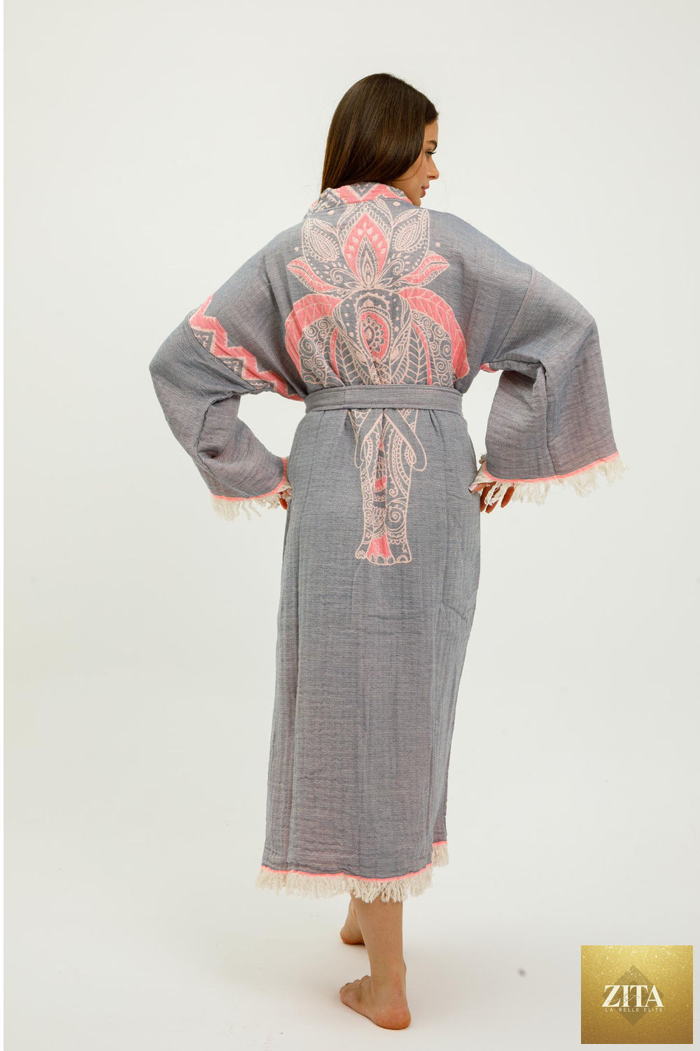 Pink jungle-themed kimono by Zita La Belle Elite featuring elephant print, lightweight fabric, and elegant design.