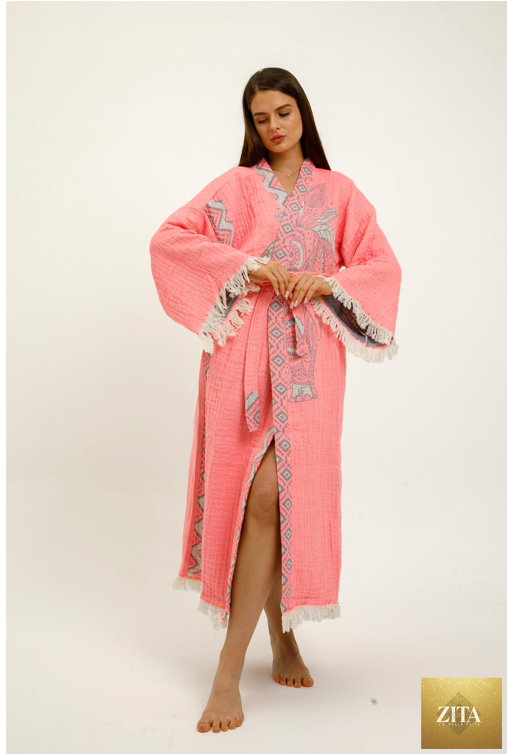 Pink jungle-themed kimono by Zita La Belle Elite featuring elephant patterns and lightweight fabric.