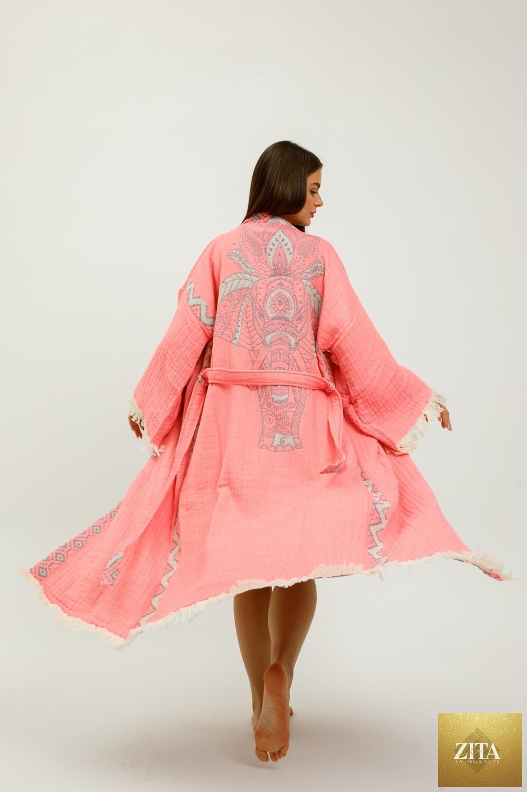 Pink jungle-themed kimono by Zita La Belle Elite featuring elephant print, lightweight fabric, and elegant design.