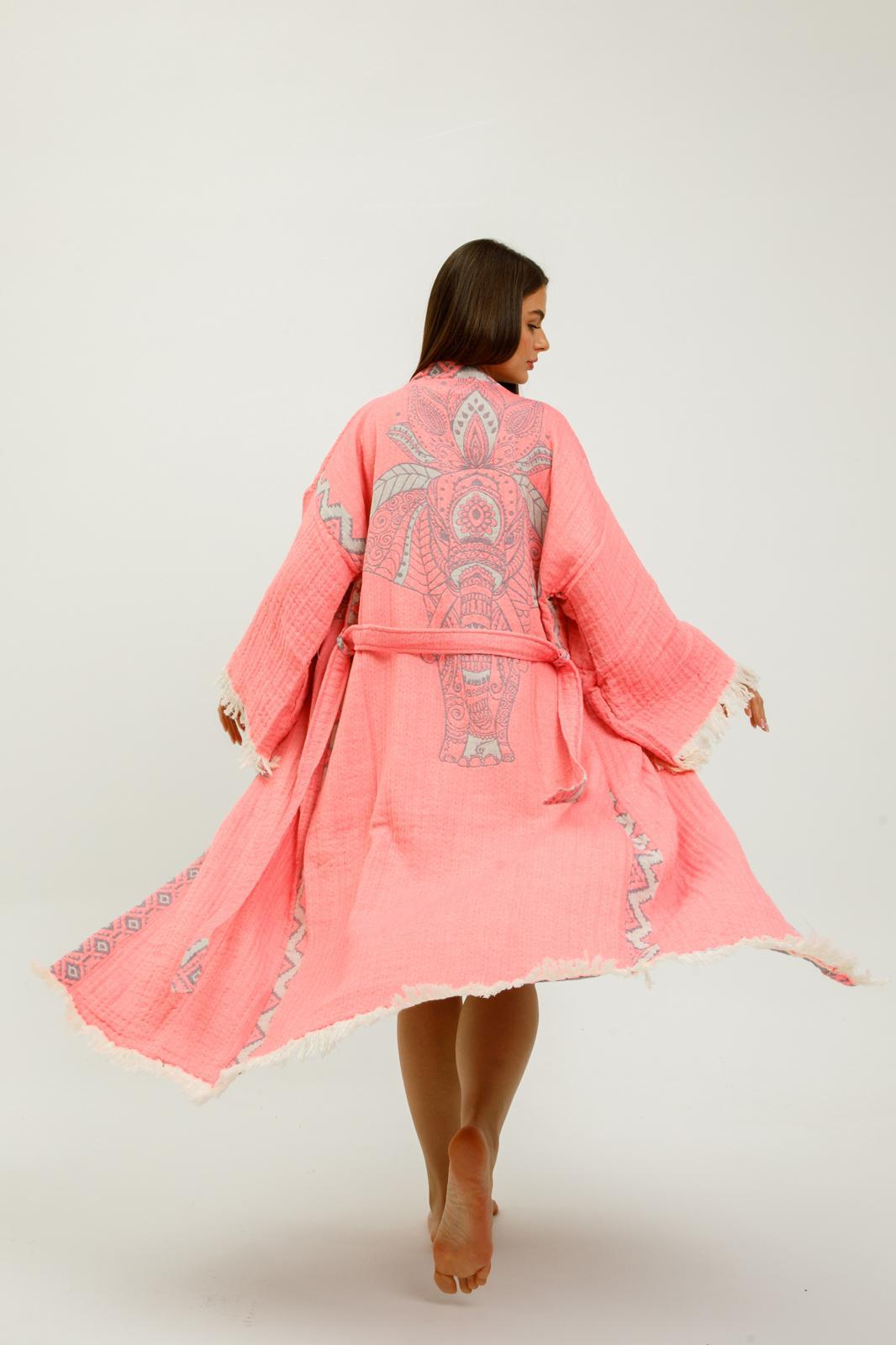 Pink jungle kimono by Buldano featuring elephant print, lightweight fabric, and traditional kimono style for a stylish, comfortable look.