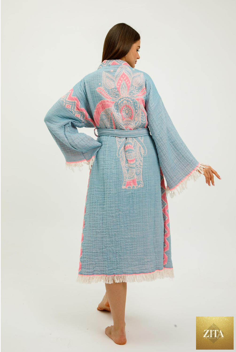 Pink Jungle Kimono by Zita La Belle Elite featuring elephant and jungle print, lightweight fabric, and relaxed fit.