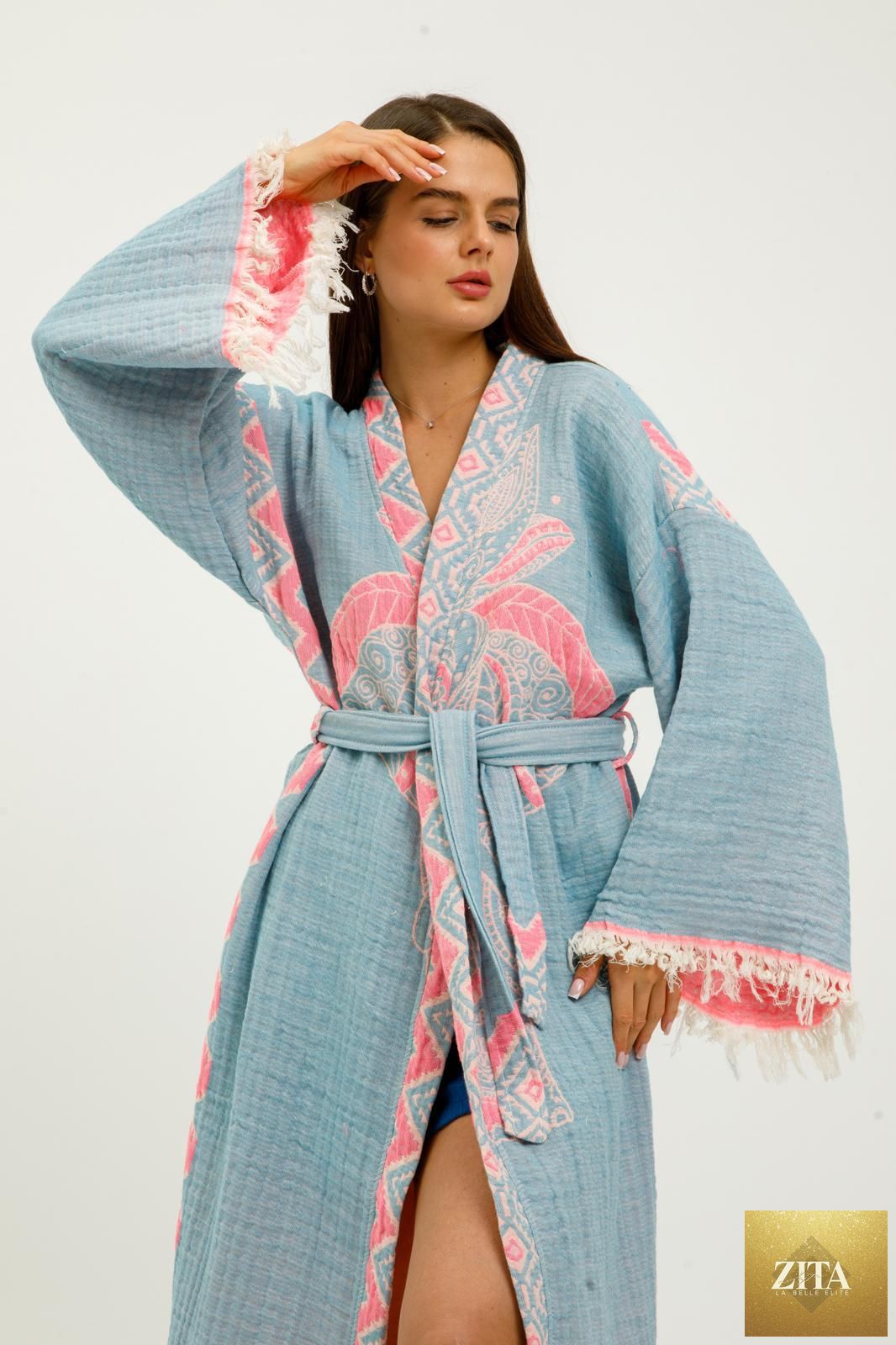Pink Jungle Kimono by Zita La Belle Elite featuring elephant print, lightweight fabric, and traditional kimono design.