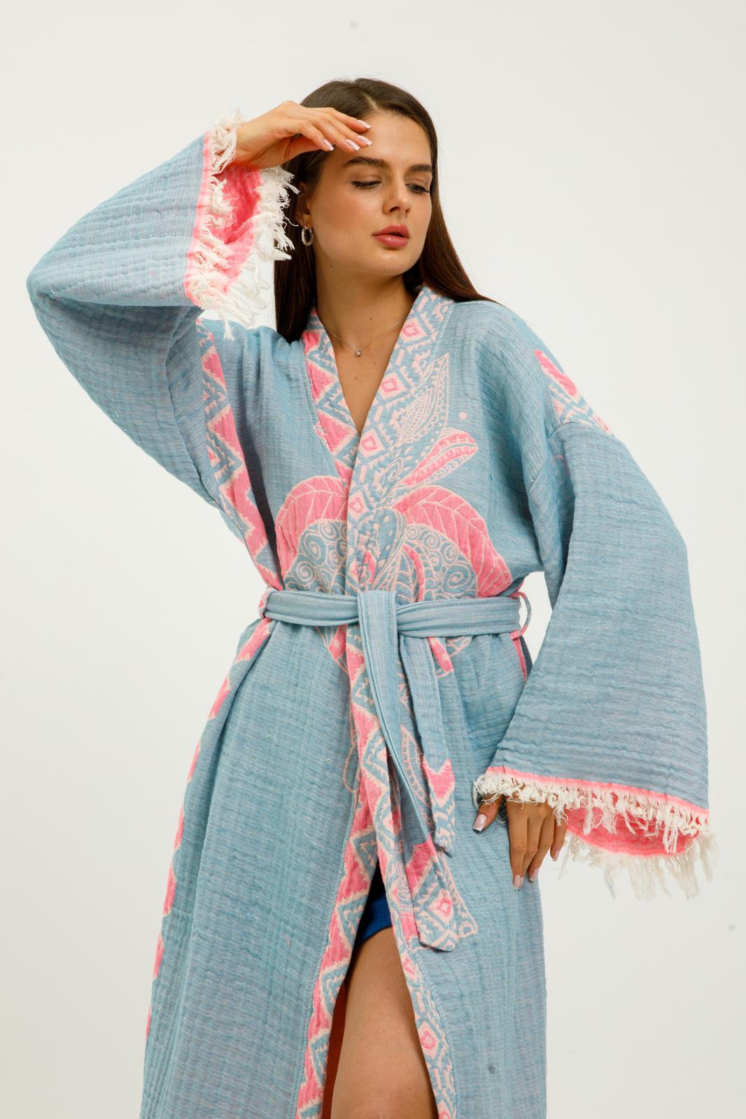 Pink jungle elephant kimono by Buldano featuring vibrant jungle print and traditional kimono style.