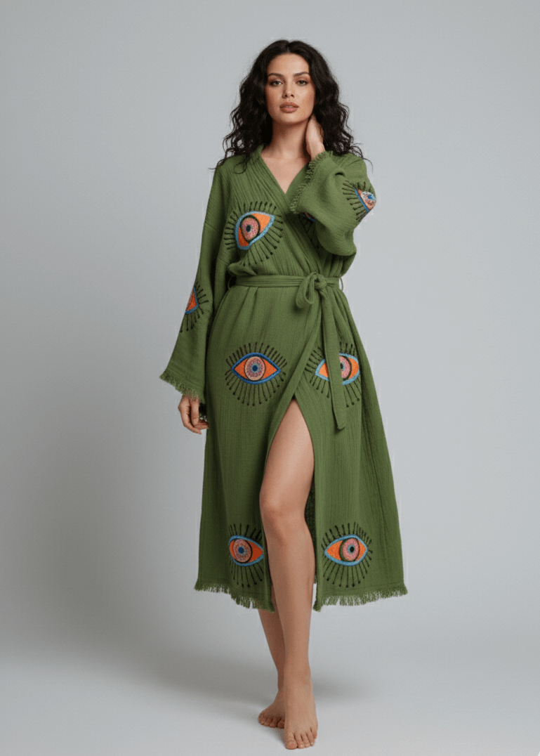 Green evil eye hand-printed kimono by Buldano with natural fabric, showcasing intricate eye design on lightweight, stylish garment.