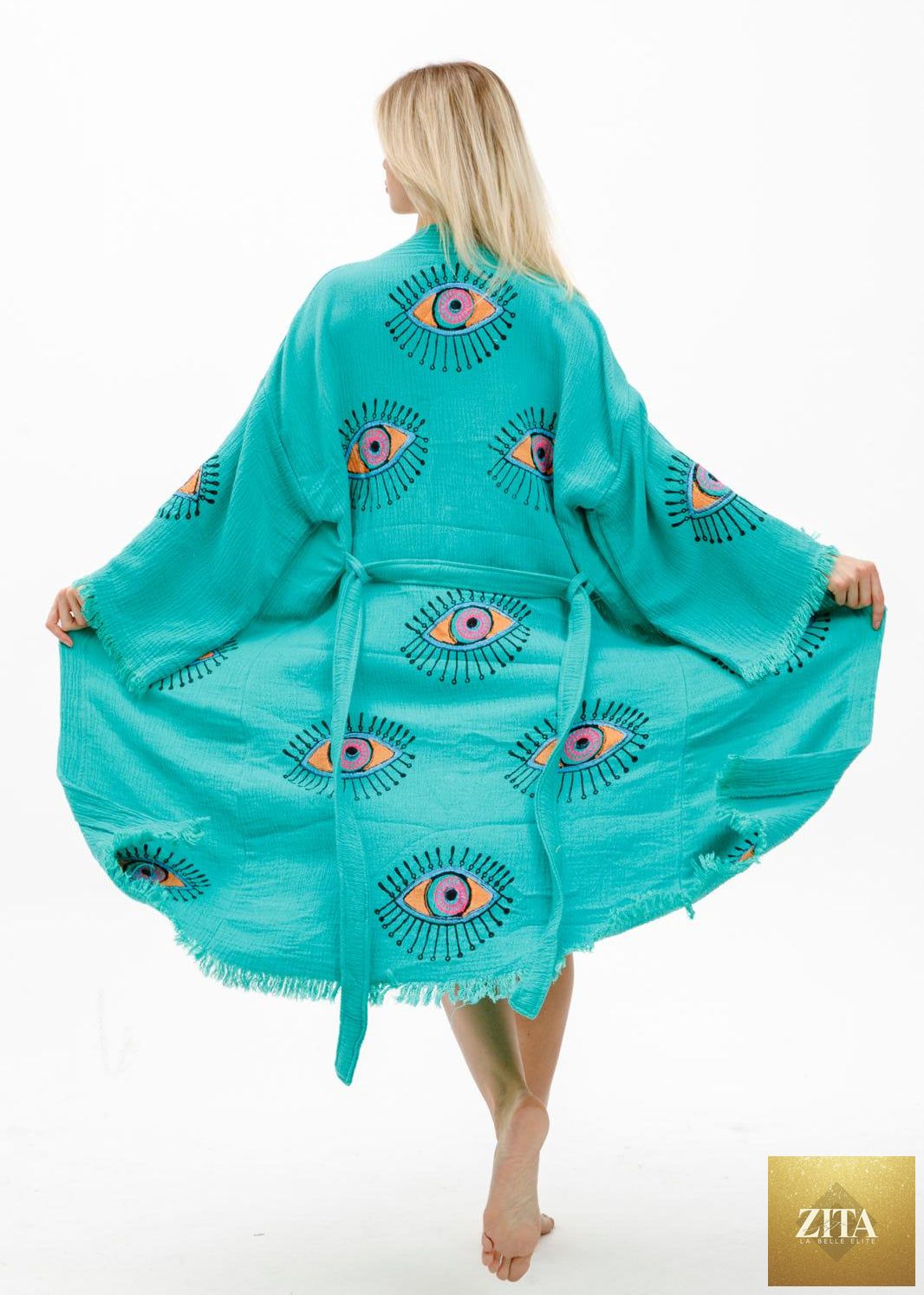 Hand-printed evil eye design kimono by Zita La Belle Elite, featuring natural fabric and traditional style.