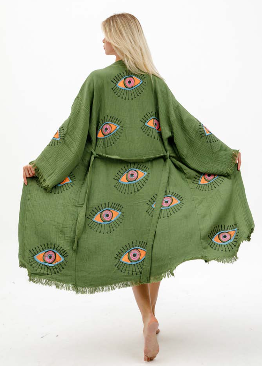Hand-printed green evil eye design kimono by Buldano, featuring natural fabric and traditional kimono style.