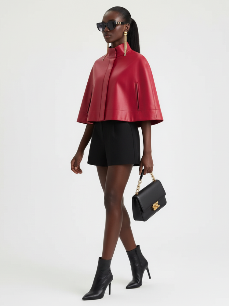 Red leather-style short cape jacket for women by BYMANYC New York, featuring a stylish Greenwich Village design.