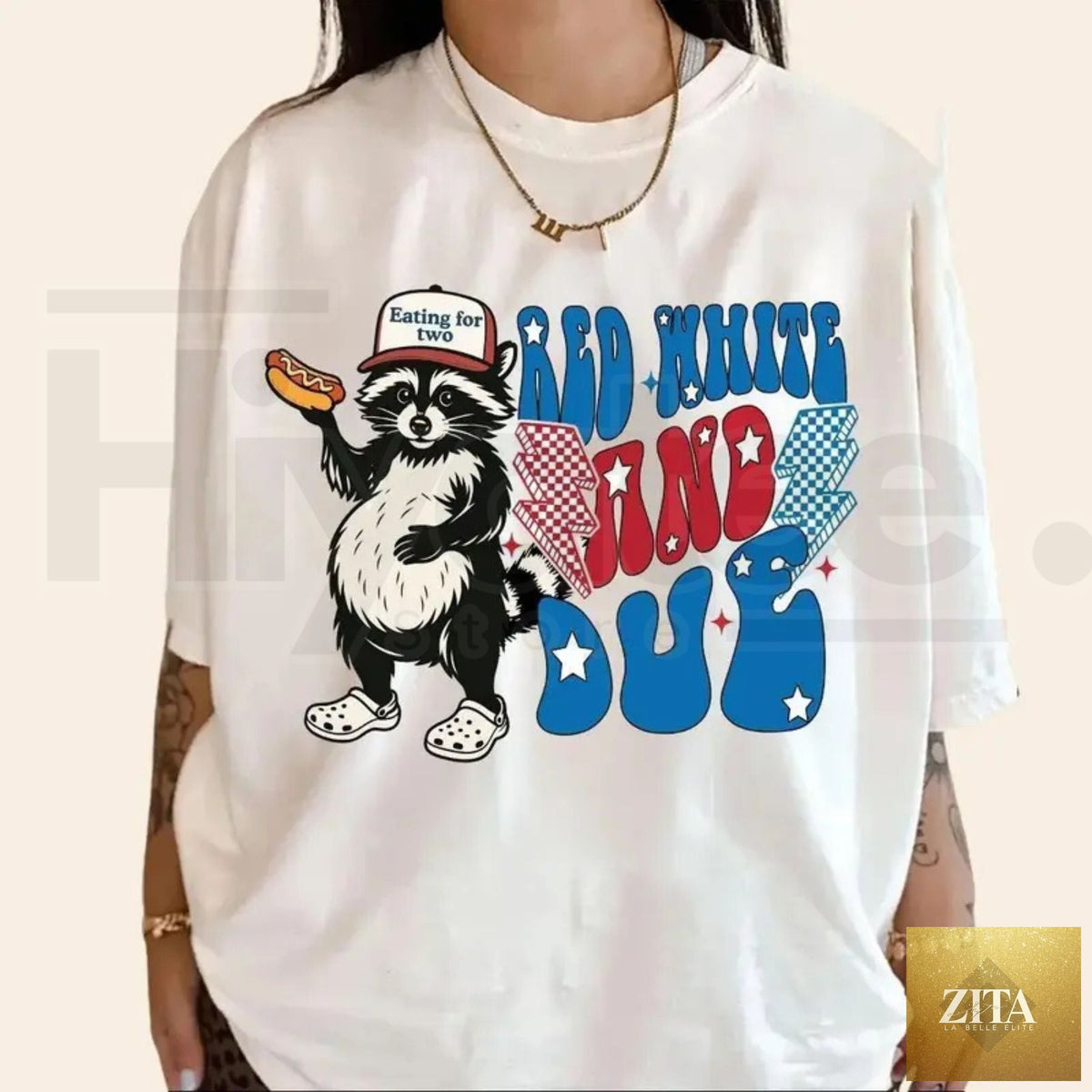 Red, white, and blue 4th of July pregnancy T-shirt for moms, featuring a humorous American Mama design by Hiyatee.