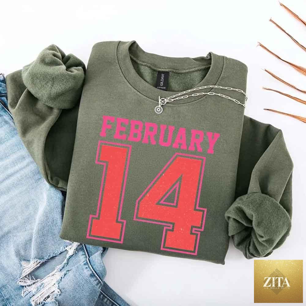 Retro Valentine's Day sweatshirt featuring February 14 jersey number design by Adorb Custom Tees, soft fabric, and vintage style.