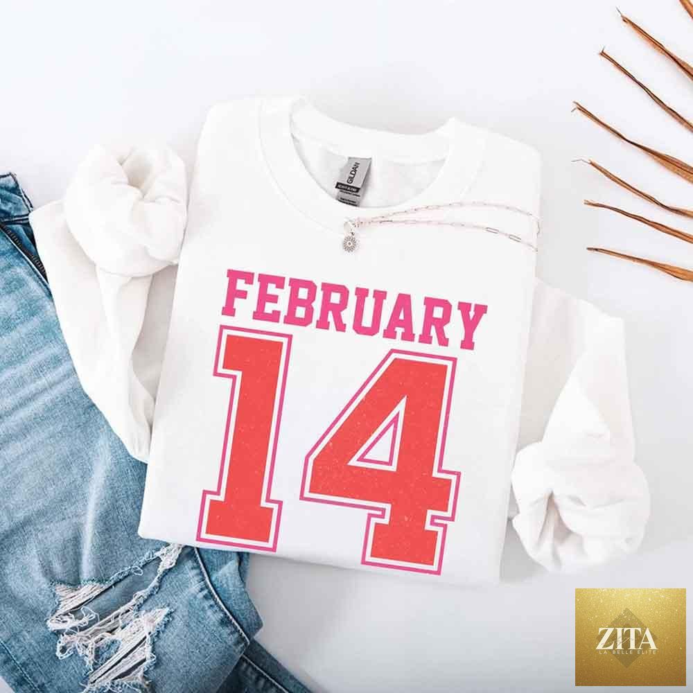 Red sweatshirt featuring a retro Valentine’s Day jersey number February 14 design by Adorb Custom Tees.