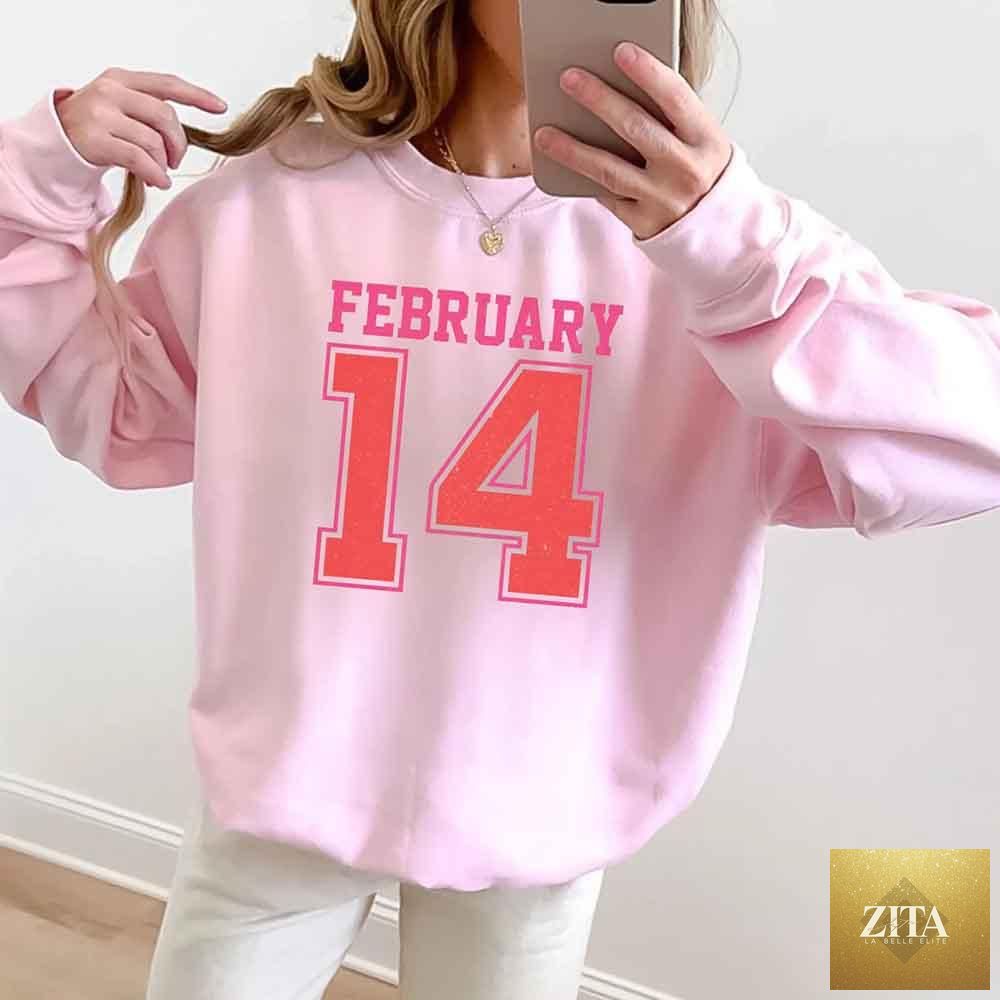 Retro Valentine’s Day sweatshirt by Adorb Custom Tees featuring a February 14 jersey number design on a cozy sweatshirt.