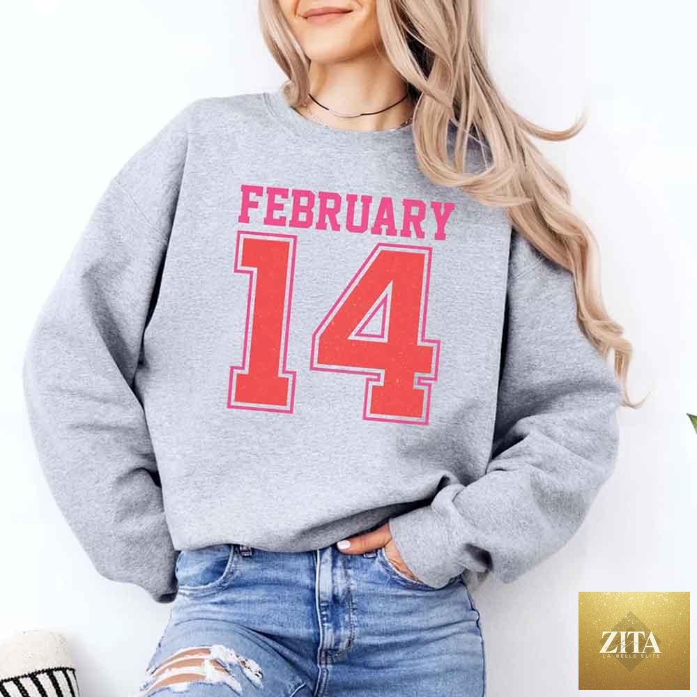 Retro Valentine’s Day sweatshirt featuring a jersey number design for February 14, by Adorb Custom Tees.
