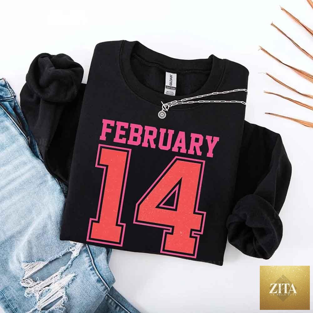 Retro Valentine’s Day sweatshirt with February 14 jersey number design, by Adorb Custom Tees, featuring vintage-inspired red and white graphics.