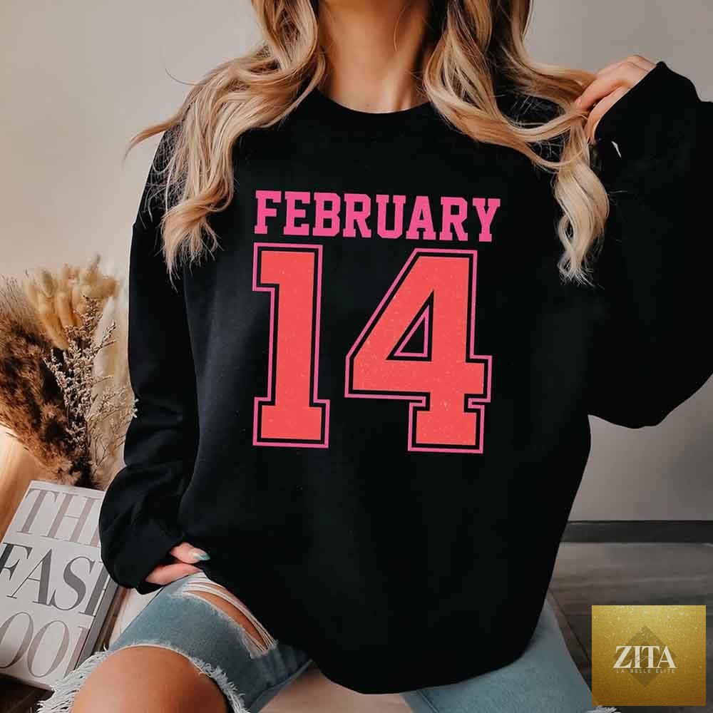 Retro Valentine's Day sweatshirt with February 14 jersey number design by Adorb Custom Tees featuring a vintage style graphic.