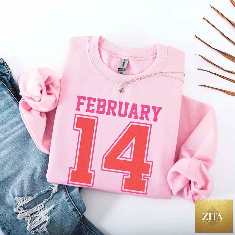 Retro Valentine’s Day sweatshirt with February 14 jersey number design by Adorb Custom Tees, featuring a vintage-inspired look.