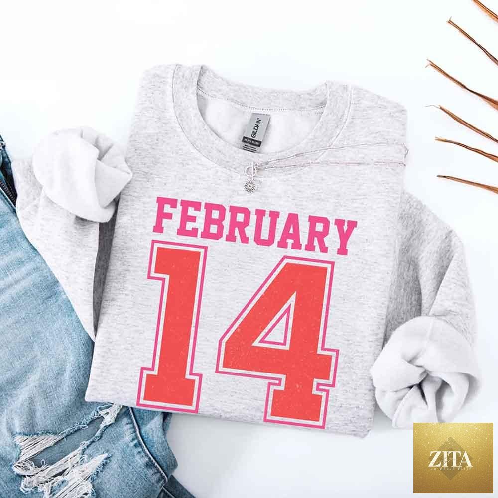 Retro Valentine's Day sweatshirt with February 14 jersey number design by Adorb Custom Tees, featuring a vintage-inspired style.
