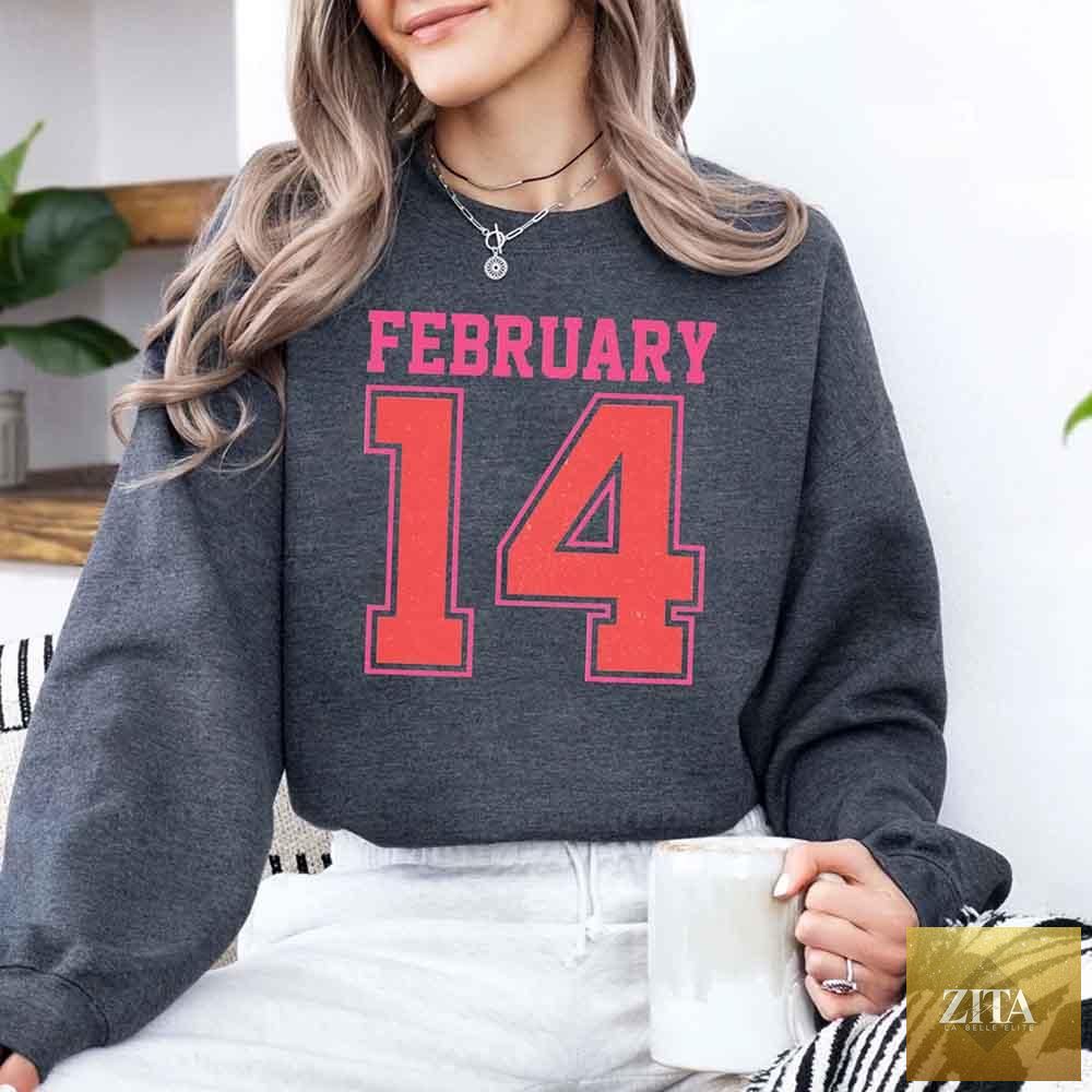 Retro Valentine's Day sweatshirt featuring February 14 jersey number design by Adorb Custom Tees, casual winter apparel.