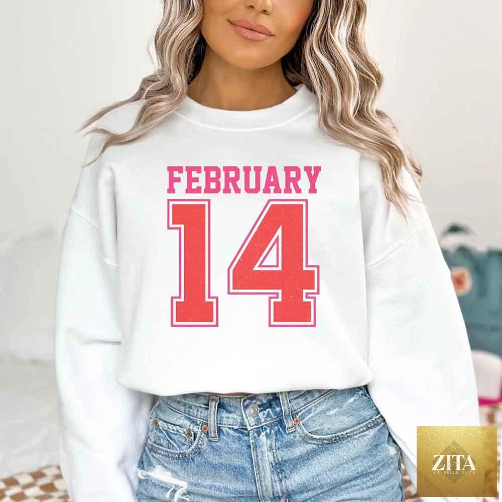 Retro Valentine's Day sweatshirt by Adorb Custom Tees featuring February 14 jersey number design on soft fabric.