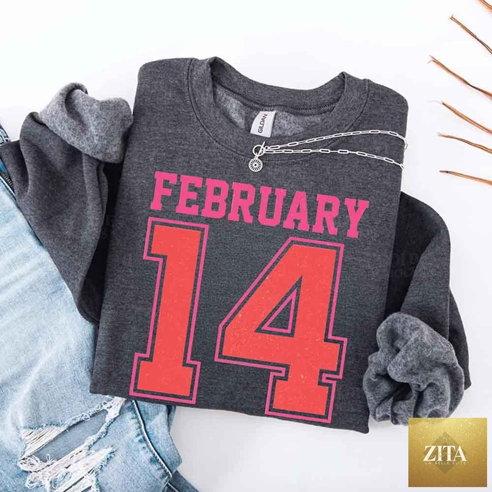Retro Valentine's Day sweatshirt with jersey number design featuring February 14, by Adorb Custom Tees