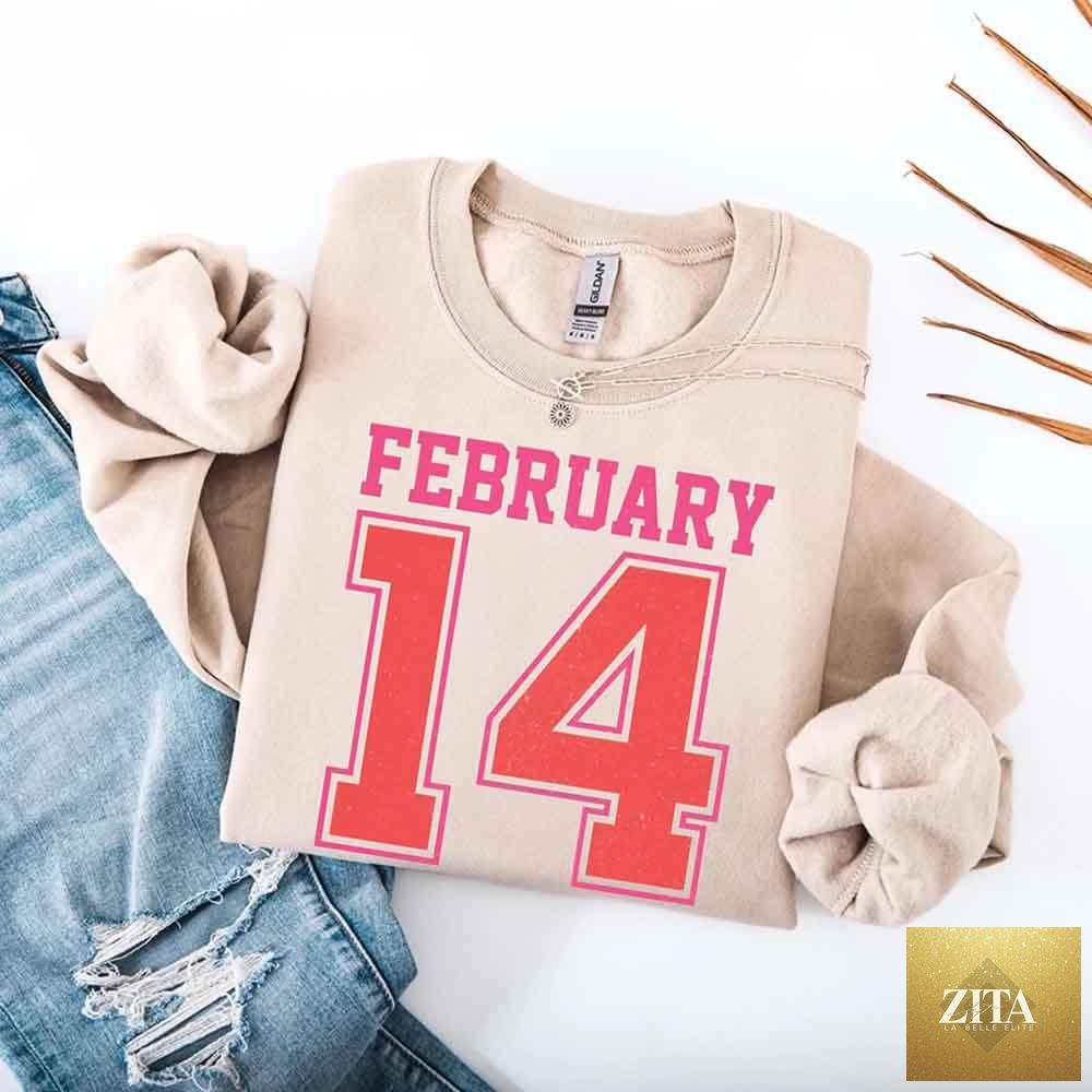 Retro Valentine’s Day sweatshirt with February 14 jersey number design by Adorb Custom Tees, featuring a vintage-inspired look.