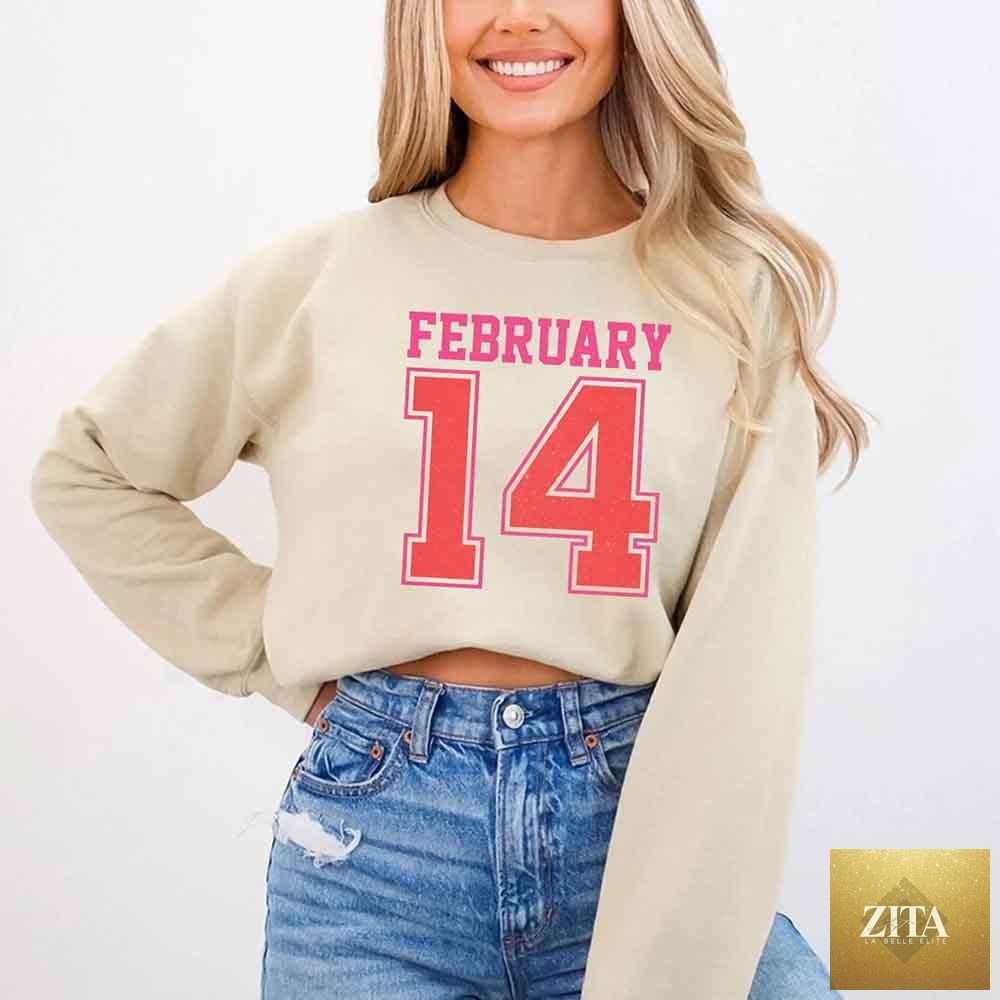 Retro Valentine's Day sweatshirt featuring February 14 jersey number design, by Adorb Custom Tees, casual and cozy apparel.
