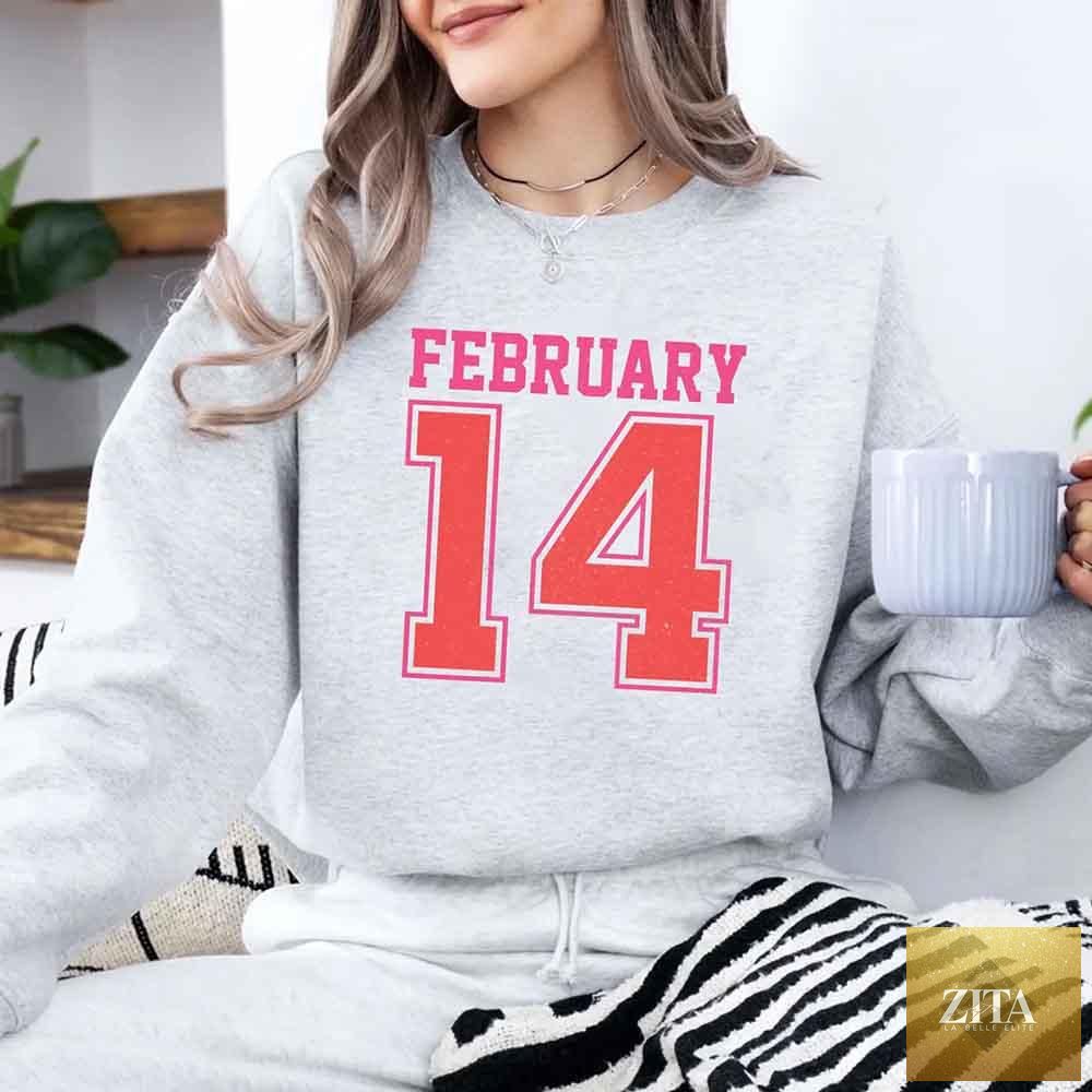 Retro Valentine’s Day sweatshirt with February 14 jersey number design by Adorb Custom Tees, featuring a vintage-inspired style.