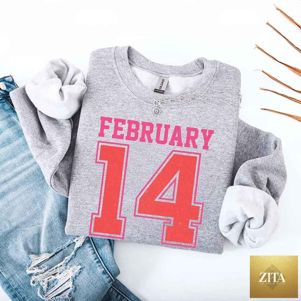 Retro Valentine's Day sweatshirt with February 14 jersey number design, by Adorb Custom Tees, featuring vintage style and bold lettering.