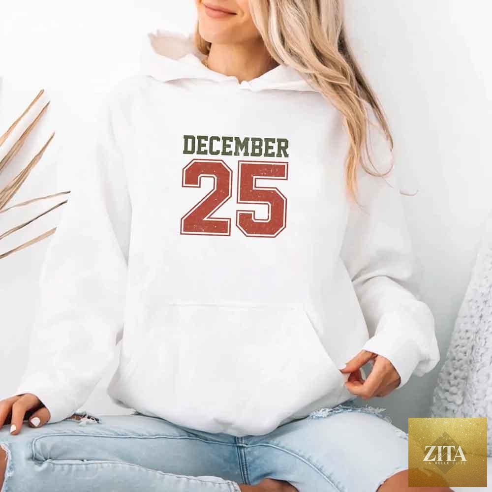 Adorb Custom Tees festive retro Christmas hoodie featuring December 25 holiday design, cozy holiday apparel for festive celebrations.