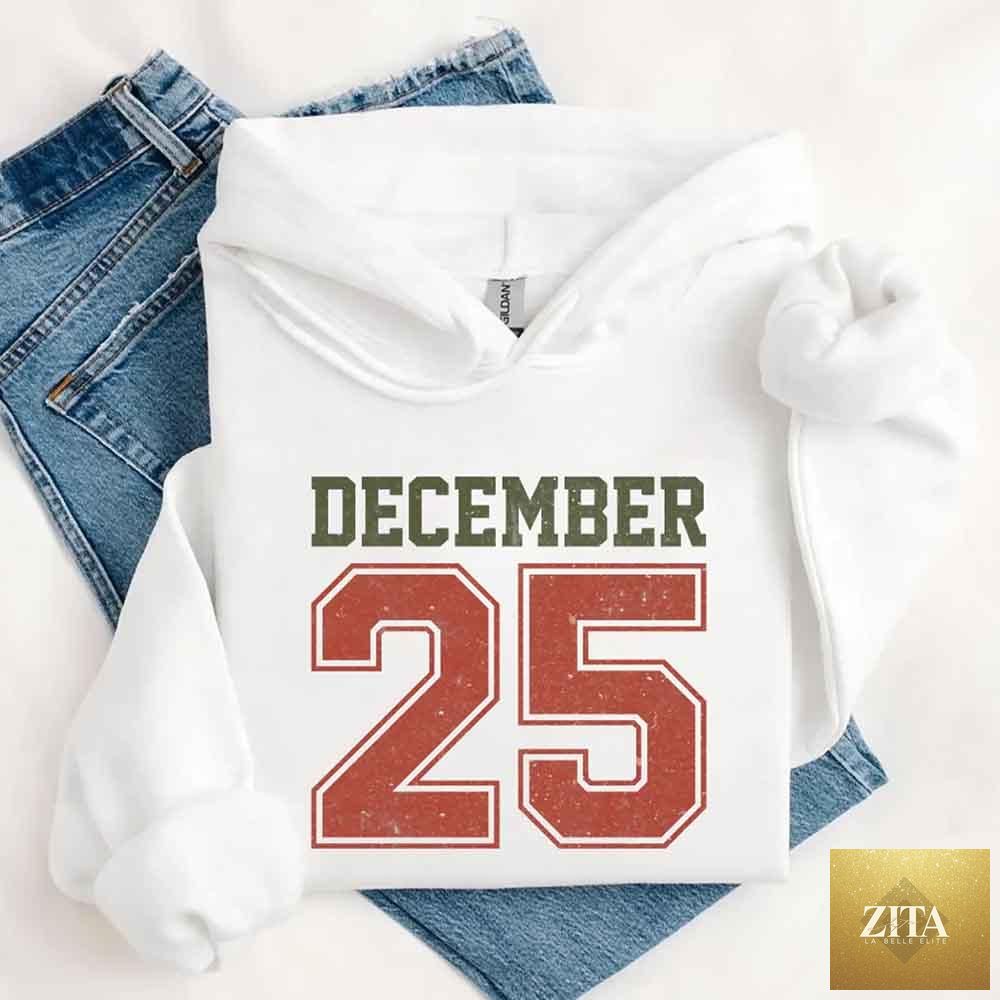 Retro Christmas hoodie from Adorb Custom Tees featuring festive holiday design for December 25 celebration.