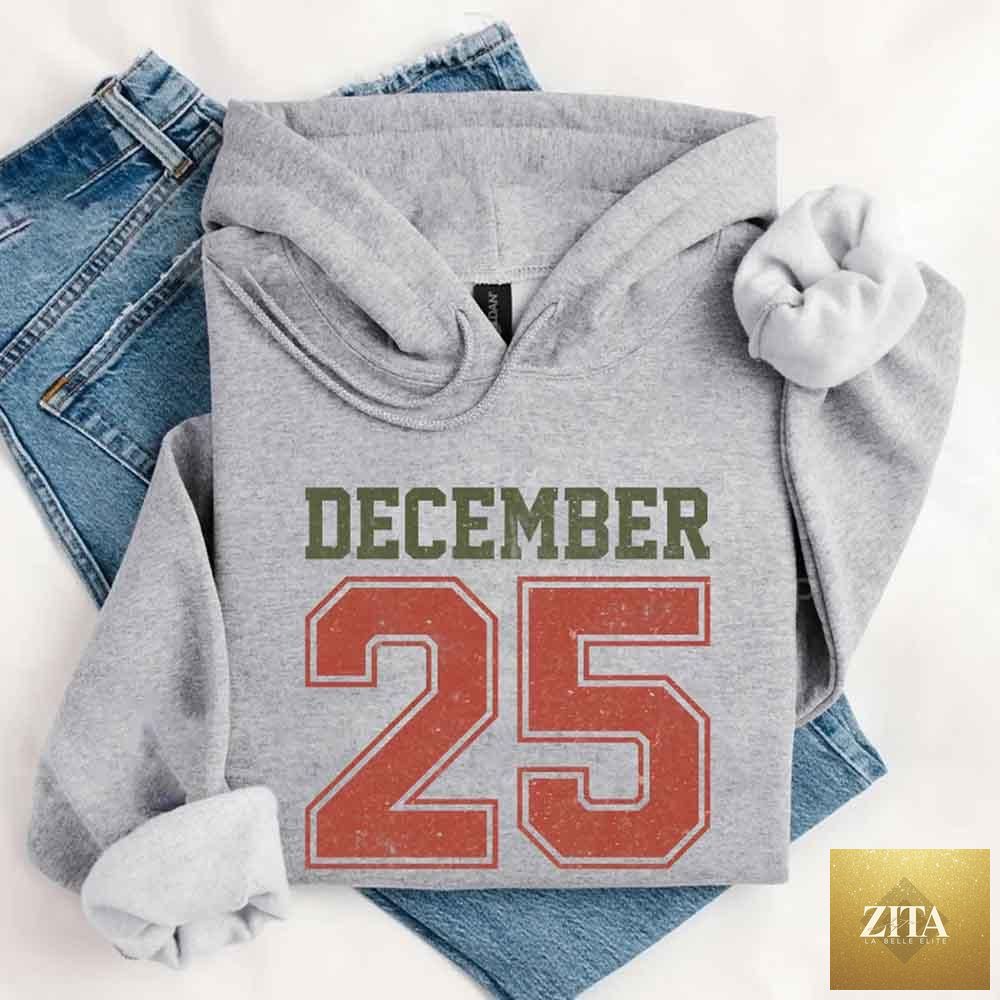 Retro Christmas hoodie by Adorb Custom Tees featuring festive holiday design for December 25 celebration.
