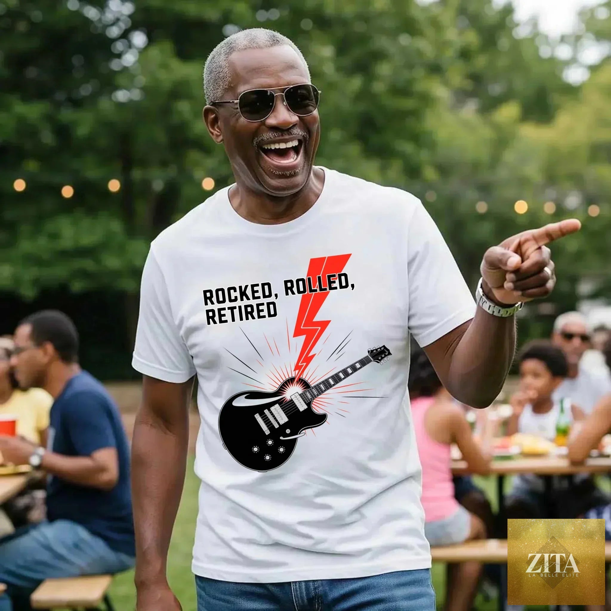 Adorb Custom Tees Rocked Rolled Retired T-Shirt with music-themed design, perfect for retirement and rock music fans.