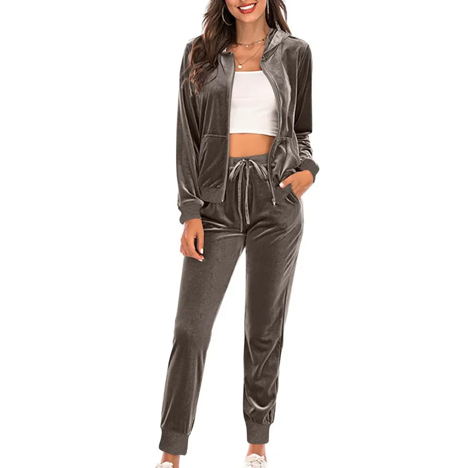Women Autumn Velvet Tracksuit 2 Piece Sweatshirt Sweatpants Set Full Zip Hoodie