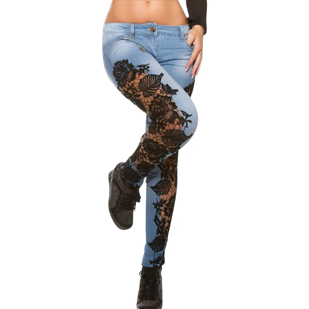 FLIPSTYLEZLLC women's floral lace hollow-out low waist slim pencil denim jeans with lift buttock design, large size pants.