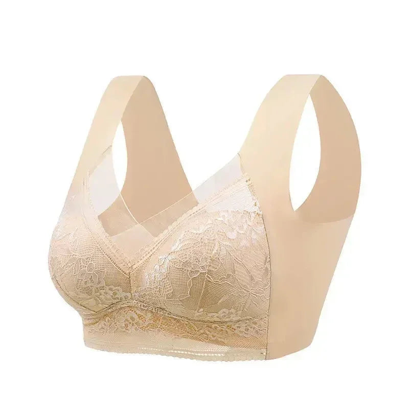 Femstylo women's large ice silk seamless push-up lace wireless bra in plus size, summer bralette with lace detailing.